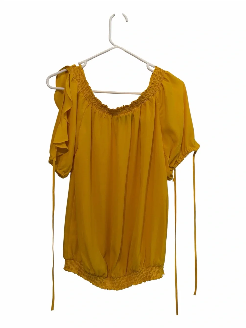 New York & Company Mustard Yellow Smocked Off-Shoulder Blouse